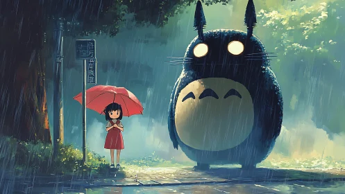 Girl with red umbrella and large forest creature in rain
