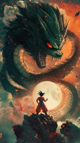 Dragon coils around moonlit sky above lone fighter figure