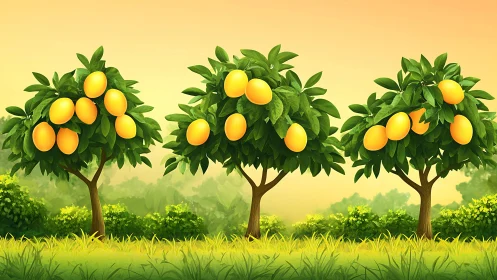 Sunlit mango trio quietly rehearses a golden summer chorus