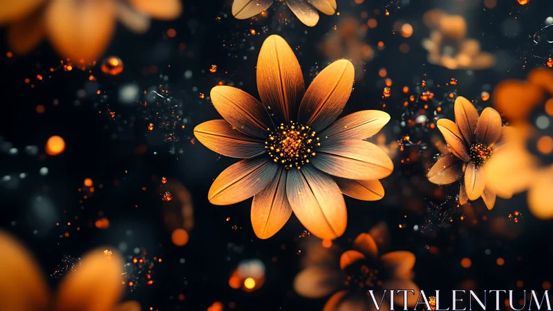 Glowing Orange Flowers with Luminous Particle Effects