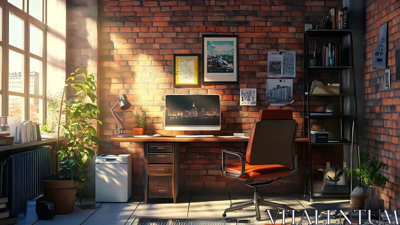 Brick wall home workspace with desk, chair and computer.