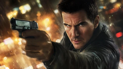 Intense gunman in leather jacket framed by neon city bokeh