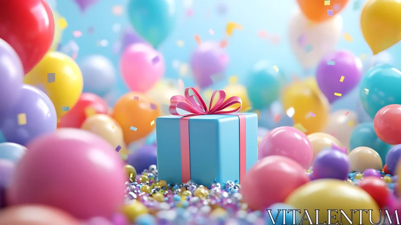 Vibrant 3D Celebration Scene with Balloons and Gift Box.