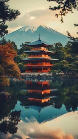 Digital painting of pagoda reflection with alpine backdrop.