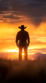 Lone cowboy pauses in quiet awe beneath a blazing sunset sky