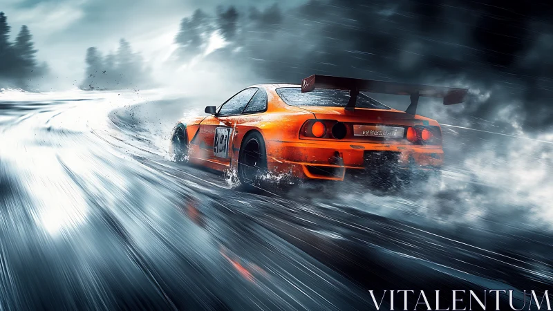 Orange race car drifting on wet mountain road at speed.