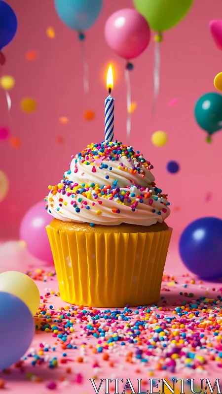 Colorful birthday cupcake with lit candle surrounded by balloons and sprinkles