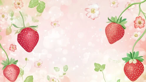 Ripe strawberries float among soft blossoms on pink light.