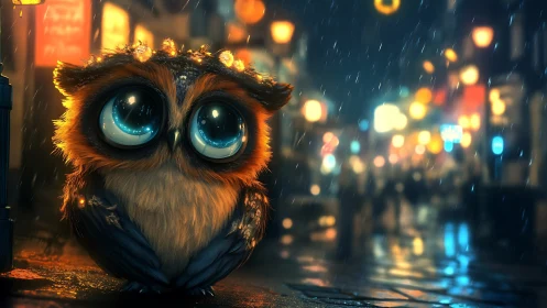 Big-eyed cartoon owl sits in rainy neon city street at night