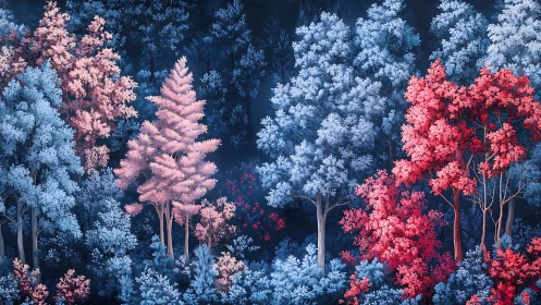 Digitally rendered forest with pink, blue and red foliage.