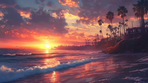 Sunlit waves roll toward a glowing palm-lined coastline