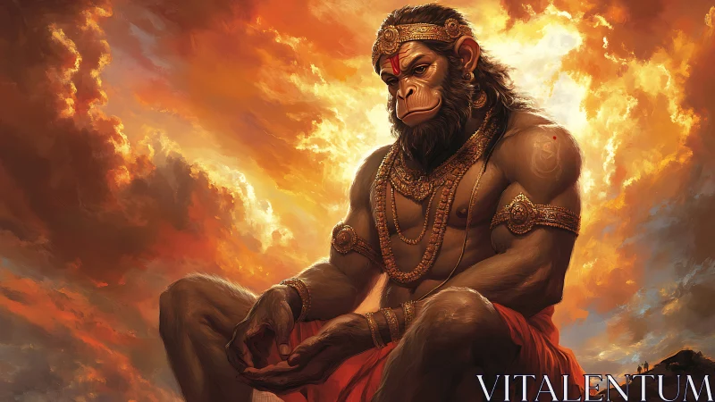 Hanuman monkey-headed deity seated against glowing sky