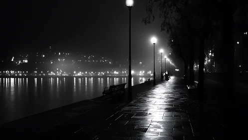 Foggy riverside promenade at night with streetlights lit.