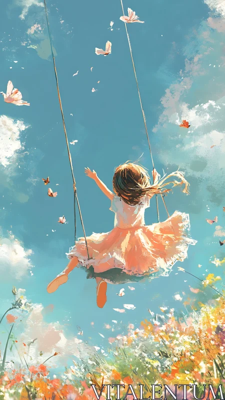 Girl on swing drifts through butterflies and summer sky.