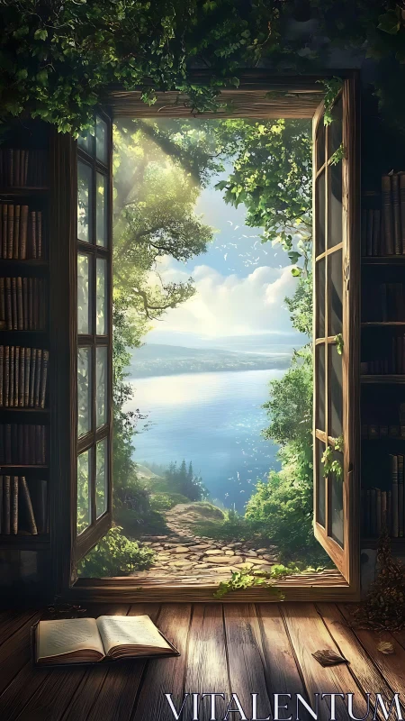 Story-filled window opens onto a sunlit lakeside path