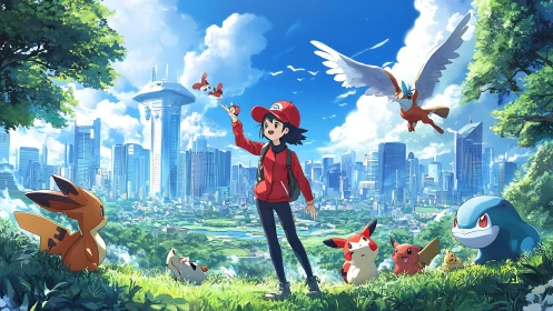 Trainer with creatures overlooking futuristic green megacity.