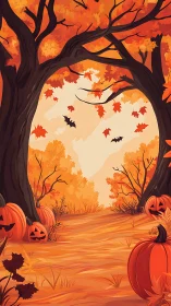 Autumn Path Through Dead Tree Forest with Halloween Pumpkins