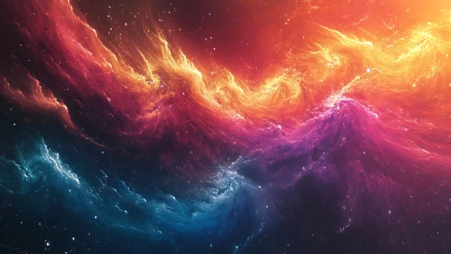 Cosmic tides of fire and neon surf across silent space.