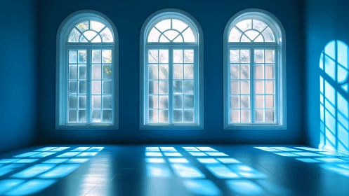 Sunlit arched windows casting geometric shadows on floor.