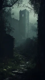 Ruined stone tower on misty forest path at dusk.