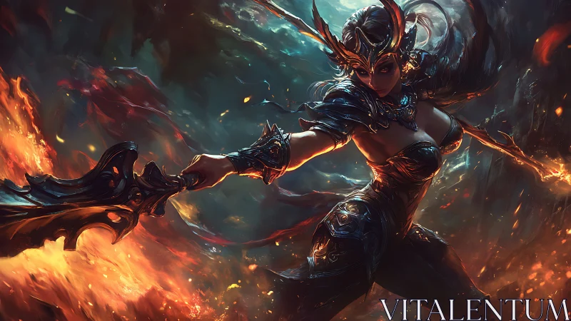 Fiery warrior queen poised in glowing, stormlit battle.