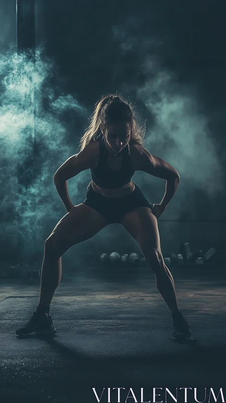 Strong female athlete holds power stance in smoky gym