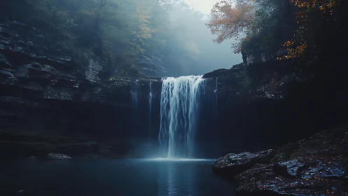 Waterfall descending into shaded rocky forest pool.