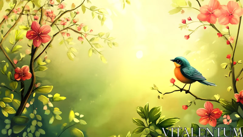 Colorful songbird perched among blooming spring flowers, digital art.