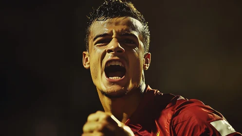 Close-up view of football player shouting under stadium light.