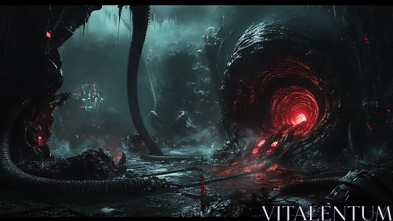 Biomechanical cavern shows glowing red tunnel core