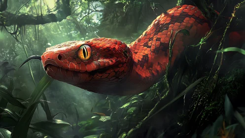 Crimson jungle serpent glides through mist-lit emerald shadows.