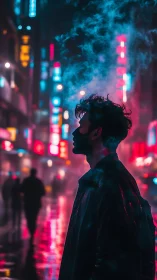 Silhouetted man stands in neon city street with rising smoke