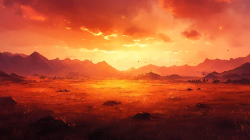 Sunlit desert valley glowing under a dreamy orange sky.
