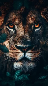 Close frontal portrait of lion among dark green foliage.