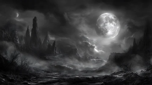 Moonlit wasteland unfolds beneath looming monolithic spires