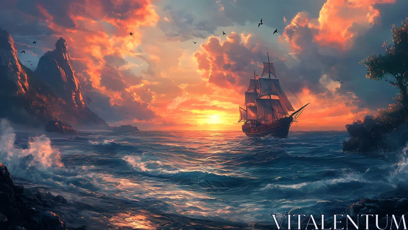 Sailship navigating rocky coastline at sunset with storm clouds