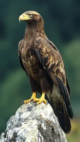 Raptor portrait captures detailed plumage on alpine outcrop
