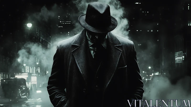 Shadowed detective in noir city fog on rain-slick street.