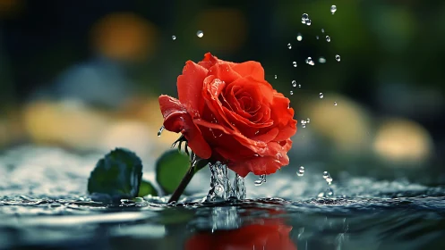 Red rose bloom experiencing dynamic water collision with crystalline droplet suspension