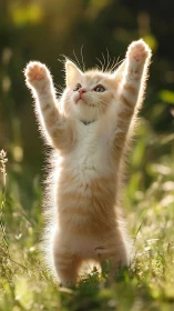 Cream Kitten Celebrates with Victory Paws Raised.