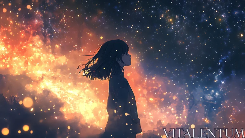 Solitary girl gazes into a glowing, star-filled cosmos