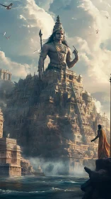 Colossal warrior deity emerges from ornate cliffside temple