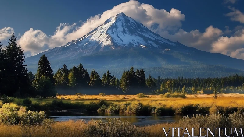 Golden valley rests beneath a peaceful snow capped mountain