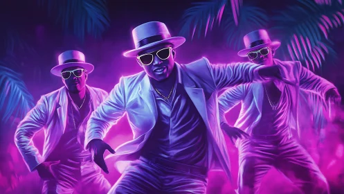 Three neon-lit dancers move in sync in tropical lighting