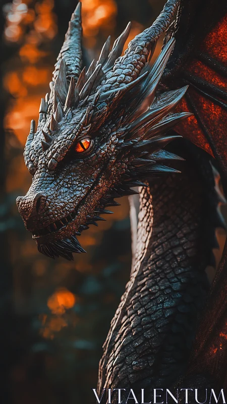 Infernal dragon close-up with molten ember eyes in forest.