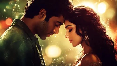 Two figures in profile with golden bokeh lighting and particle effects.