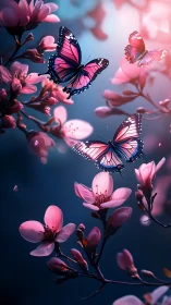 Gentle butterflies drifting through soft pink spring blossoms.