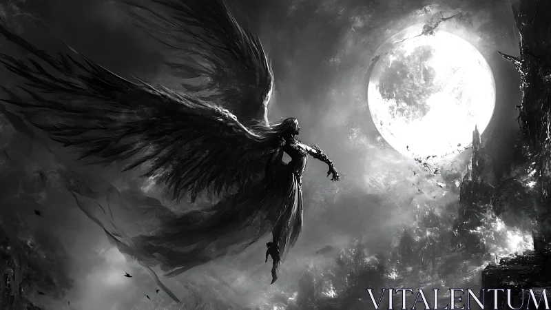 Dark-winged angel silhouette before blazing full moon.