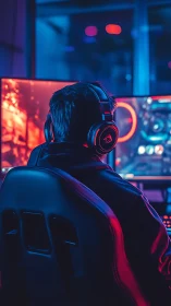 Gamer wearing headset sits at dual monitors in neon light