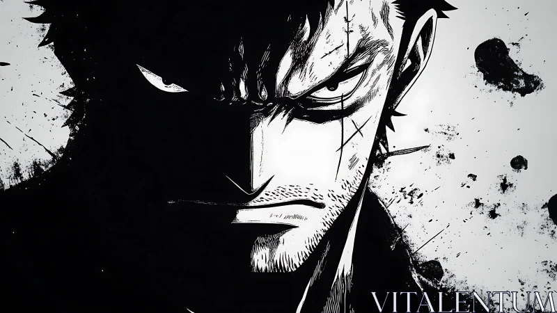 Intense monochrome warrior portrait in high-contrast ink art.